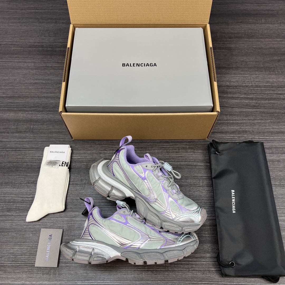 Balenciaga 纯 本Balenciaga巴黎世家 3XL Nylon 人造革 圆头抽绳 低帮 老爹鞋 绿紫色 在延续 Track Trainer 户外轮廓和复杂鞋面结构的同时