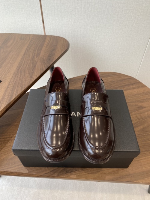 Chanel Women's Brown Leather Loafers with Gold-Tone Hardware