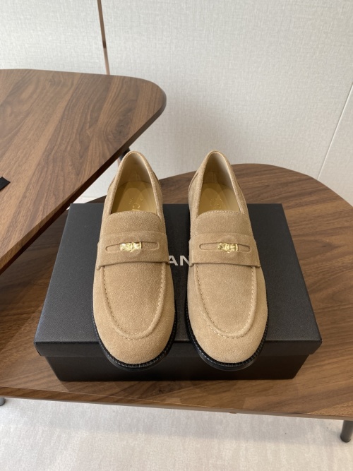 Chanel Loafers Suede Leather Gold Logo, Designer Women's Shoes, Beige 1 Chanel Loafers Suede Leather Gold Logo, Designer Women's Shoes, Beige