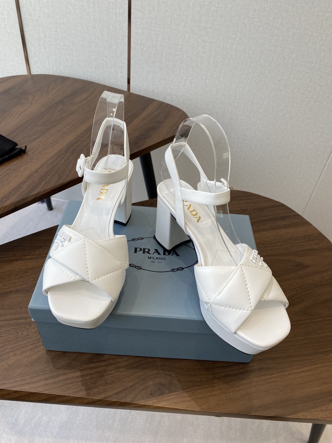 Prada Platform Sandals, Women's Summer White Lambskin Leather Block Heels 8 cmp i1756397724633 9625 0 6