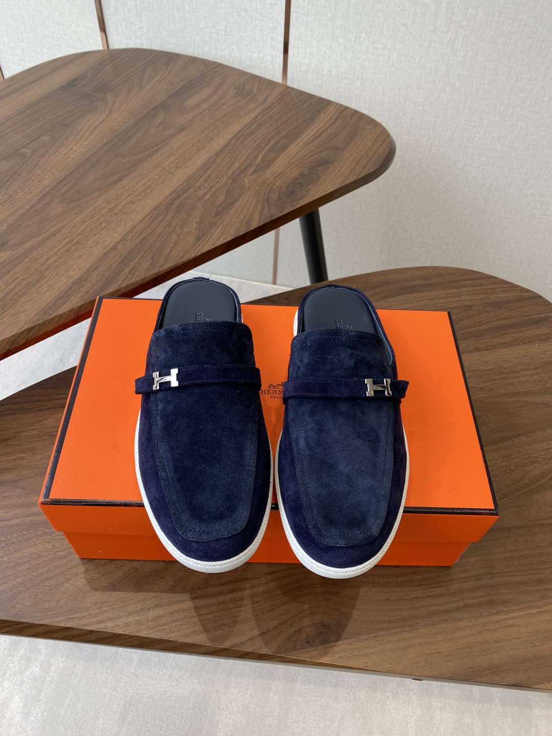 Hermes Men's Mules in Suede with Iconic H Buckle, Comfortable and Stylish