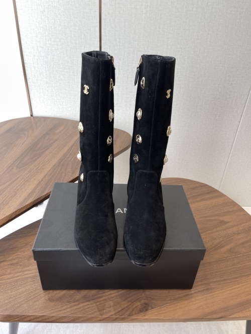 Chanel Round Toe Suede Ankle Boots With Zipper, Black, Size 35-39