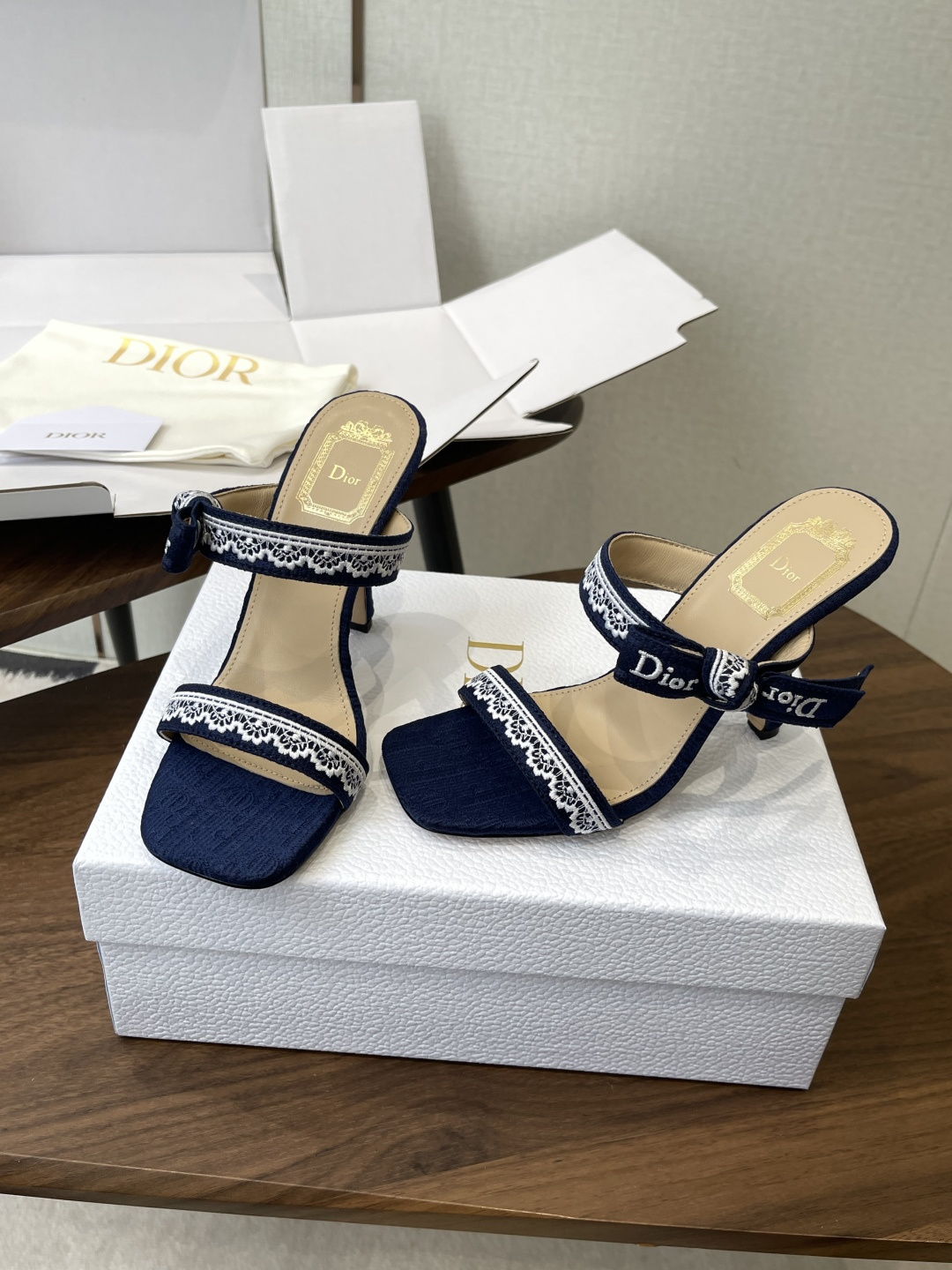 Dior Lace Logo Ribbon Stiletto Mules
