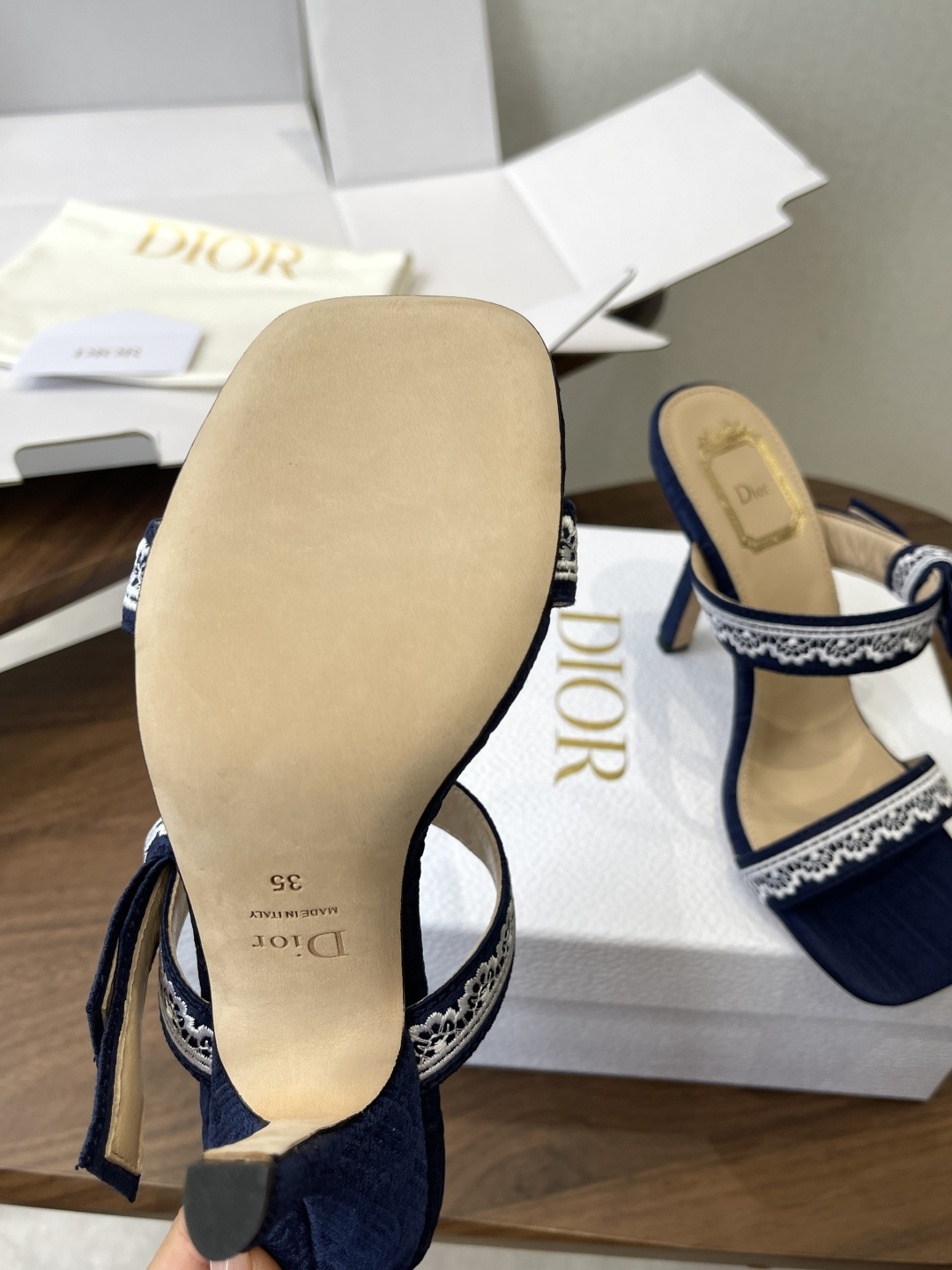 Dior Lace Logo Ribbon Stiletto Mules