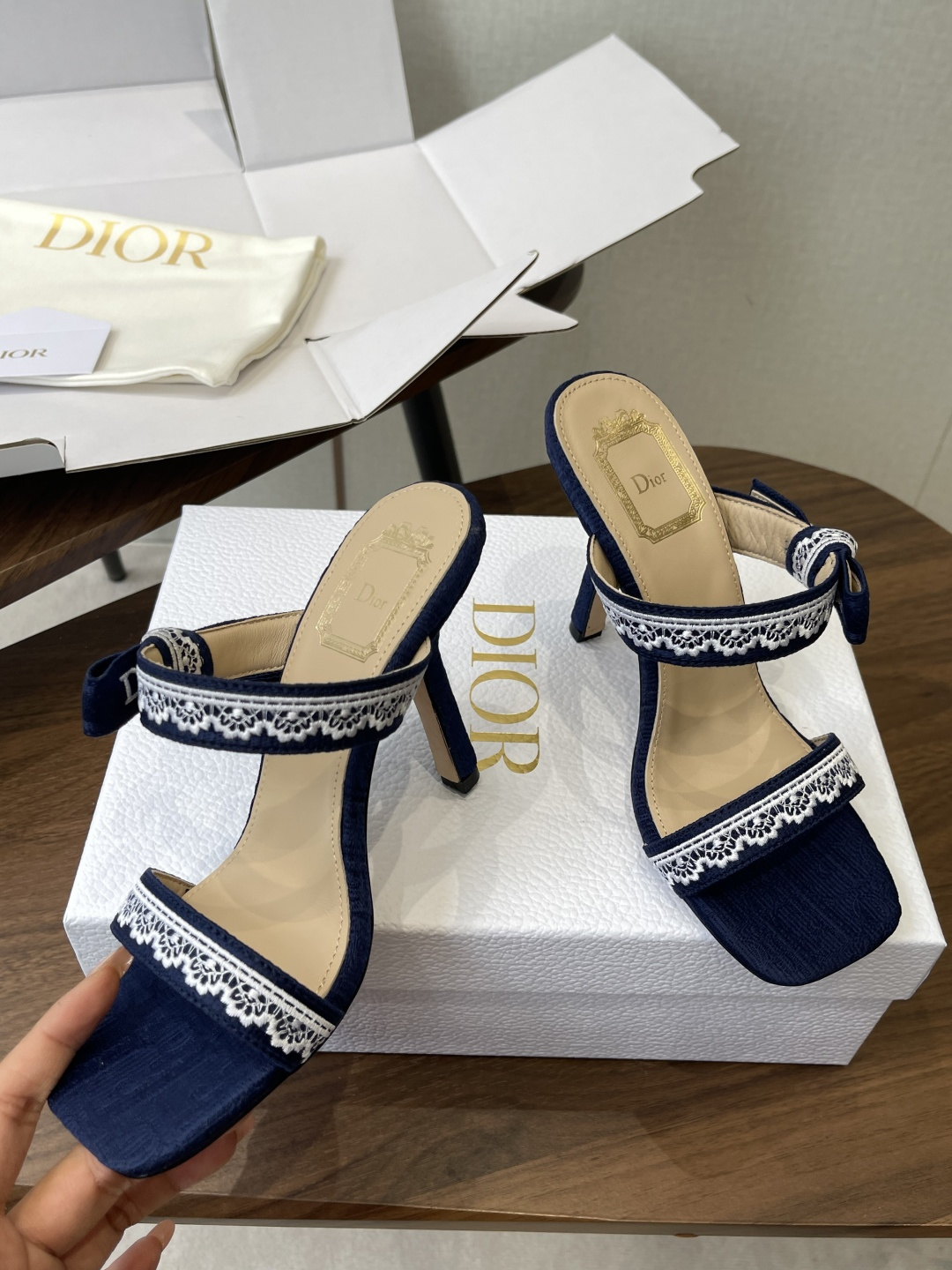 Dior Lace Logo Ribbon Stiletto Mules