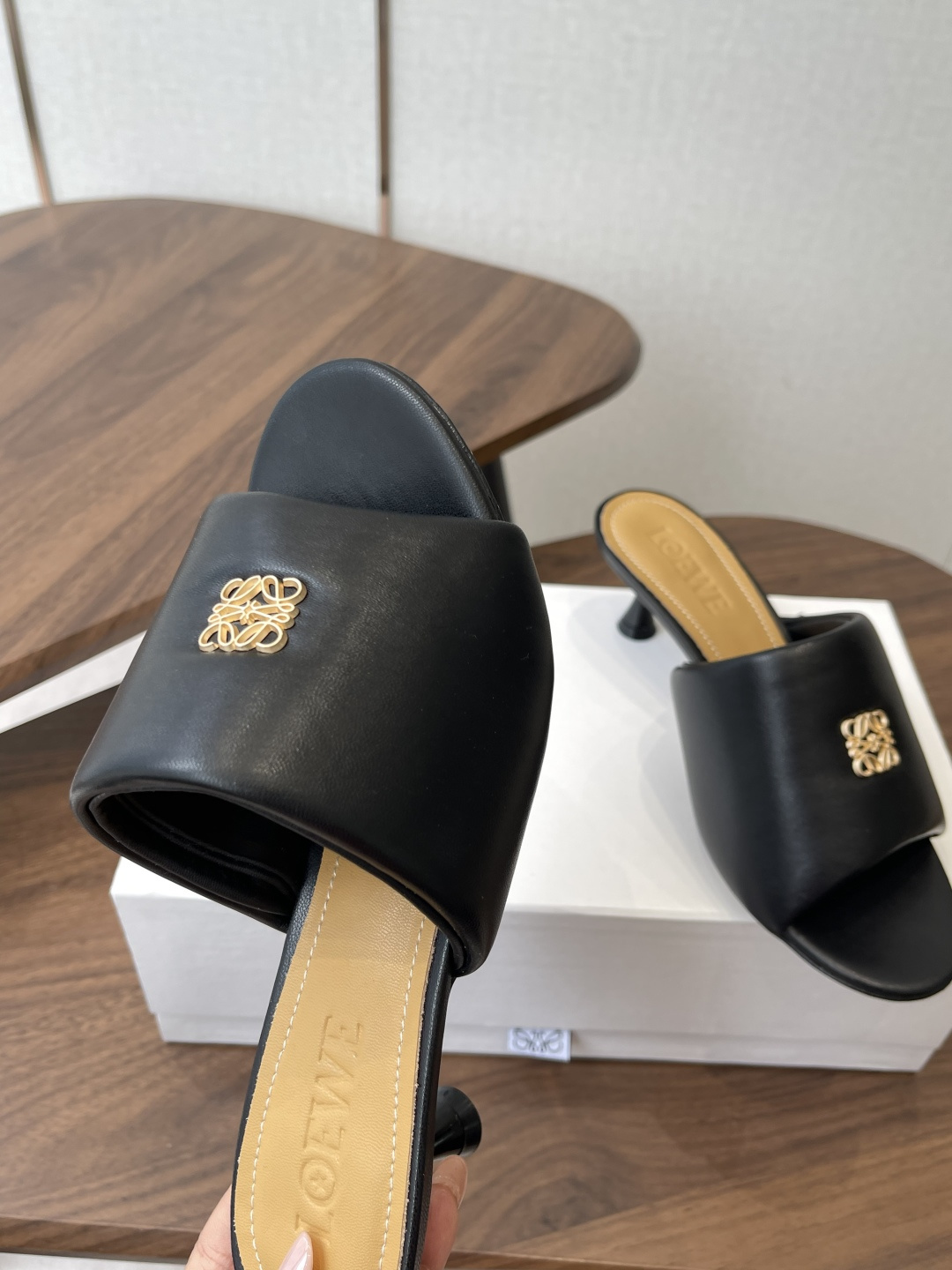 Loewe Anagram Metal Logo Cone Heel Leather Mules