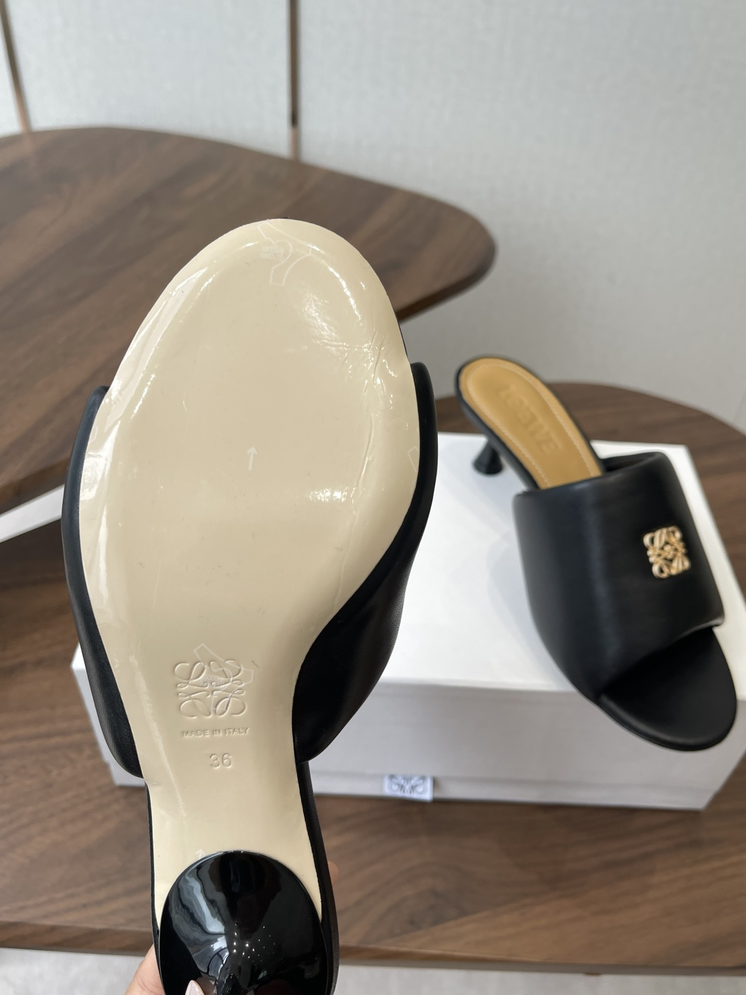 Loewe Anagram Metal Logo Cone Heel Leather Mules