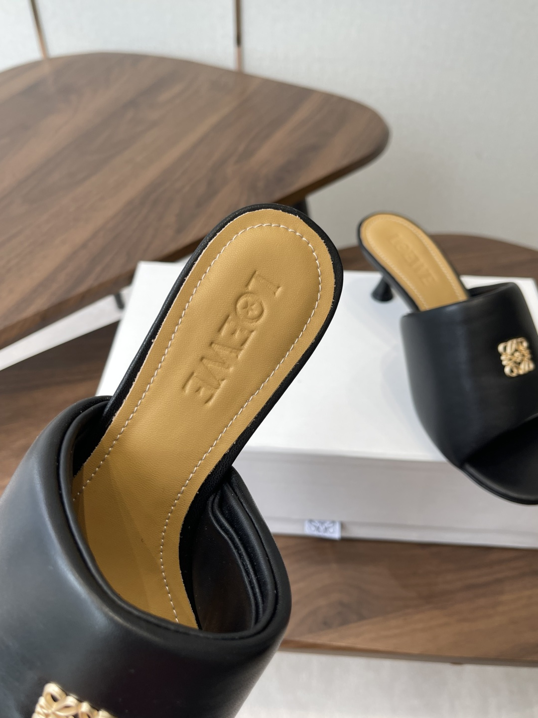 Loewe Anagram Metal Logo Cone Heel Leather Mules