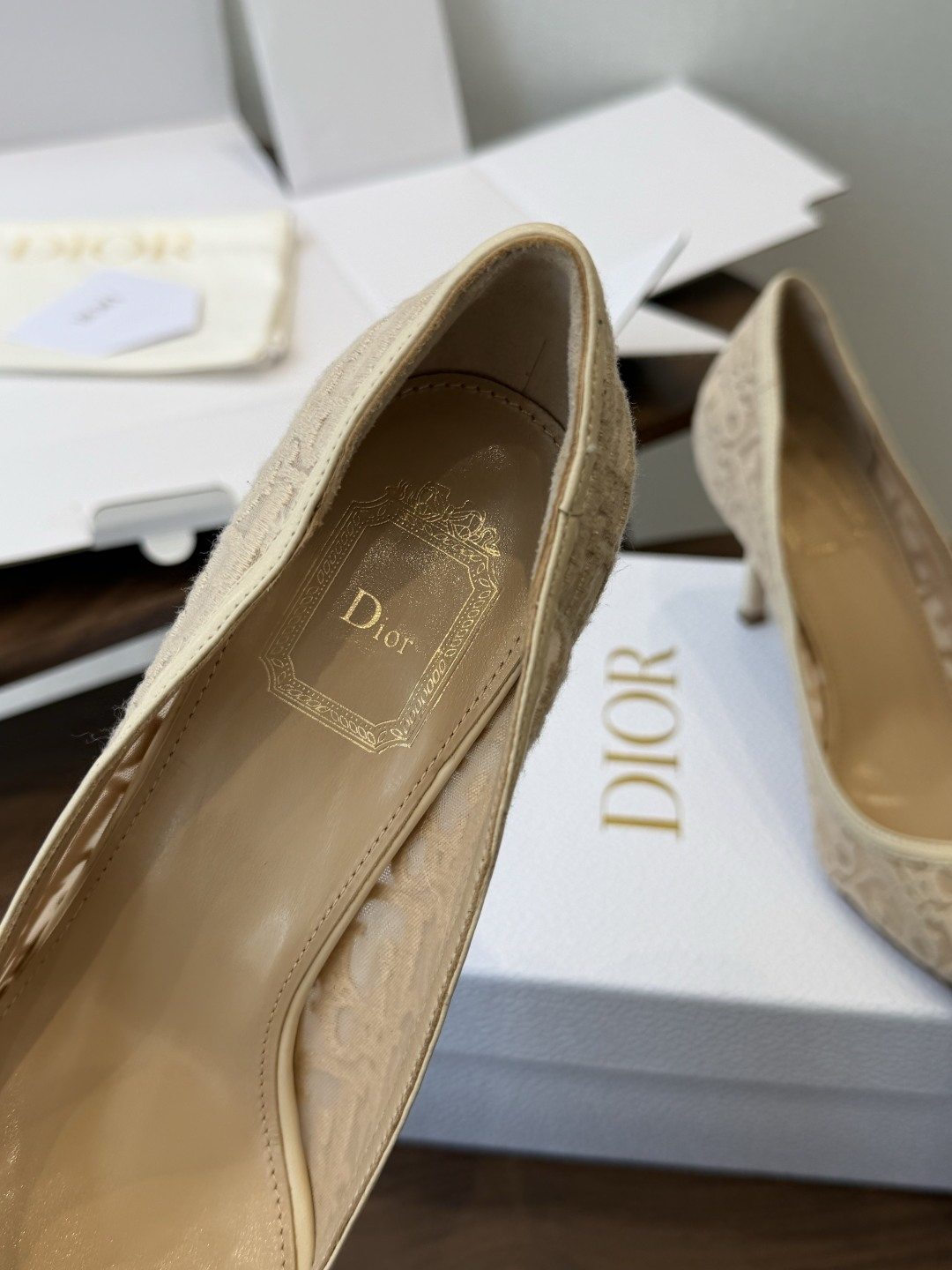 Dior26ss早春新款尖头细跟高跟鞋 将经典尖头高跟鞋的优雅轮廓与后空设计，蕾丝优雅，神秘的精致感，又通过后空和绑带增