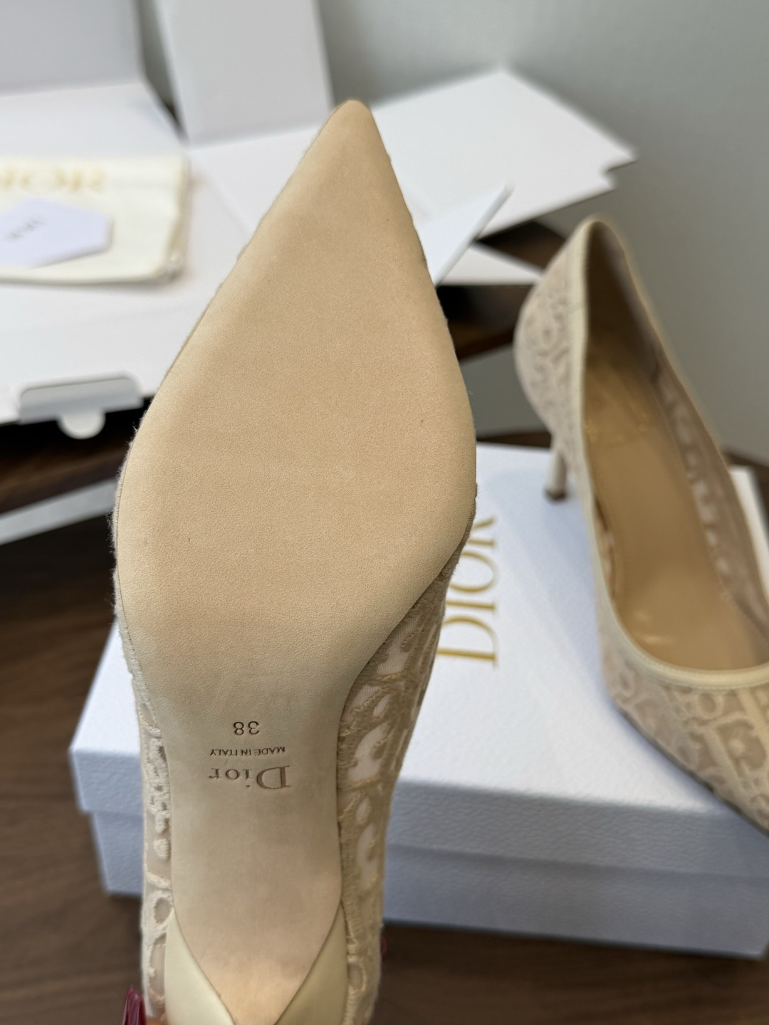 Dior26ss早春新款尖头细跟高跟鞋 将经典尖头高跟鞋的优雅轮廓与后空设计，蕾丝优雅，神秘的精致感，又通过后空和绑带增