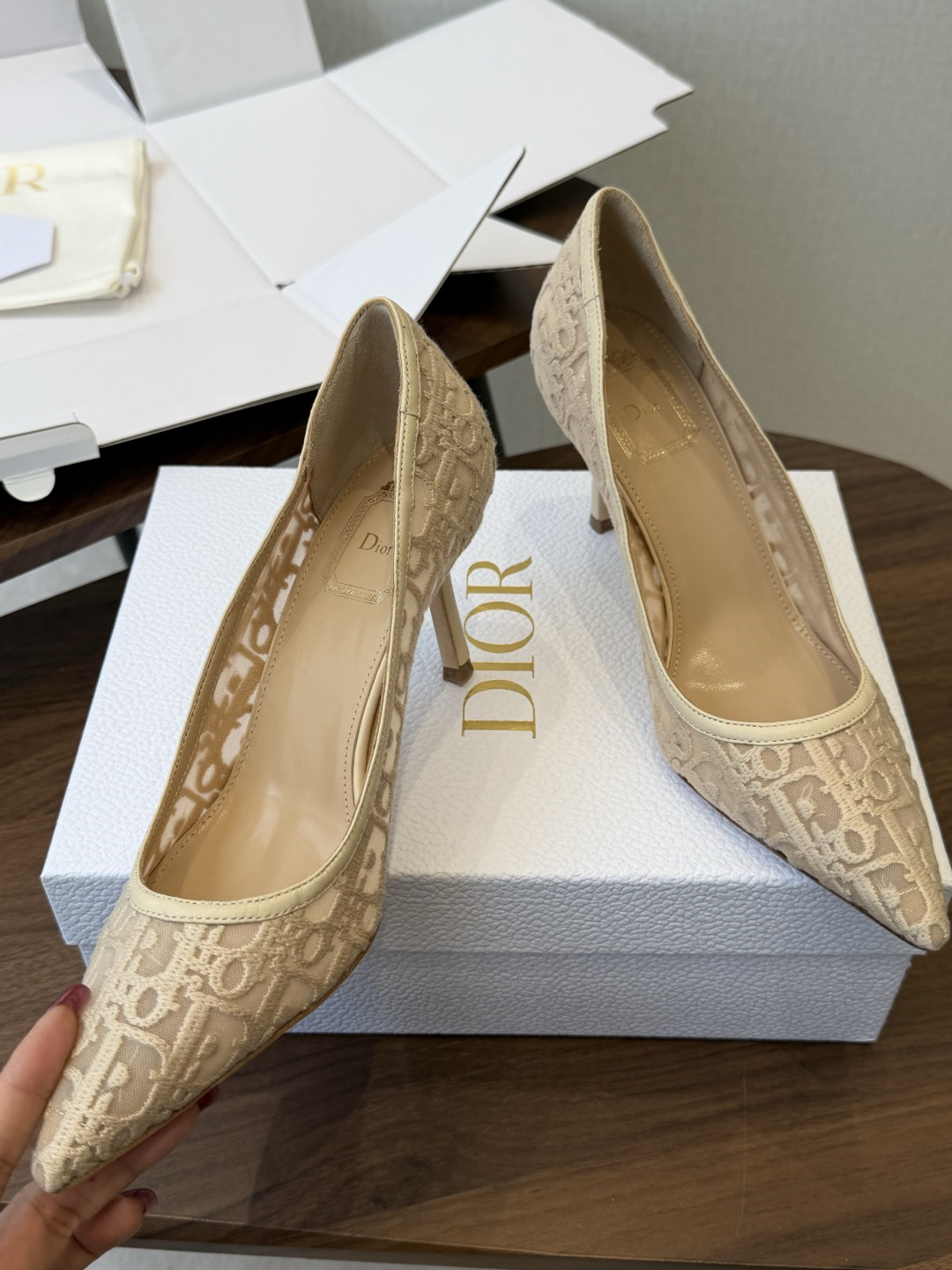 Dior26ss早春新款尖头细跟高跟鞋 将经典尖头高跟鞋的优雅轮廓与后空设计，蕾丝优雅，神秘的精致感，又通过后空和绑带增