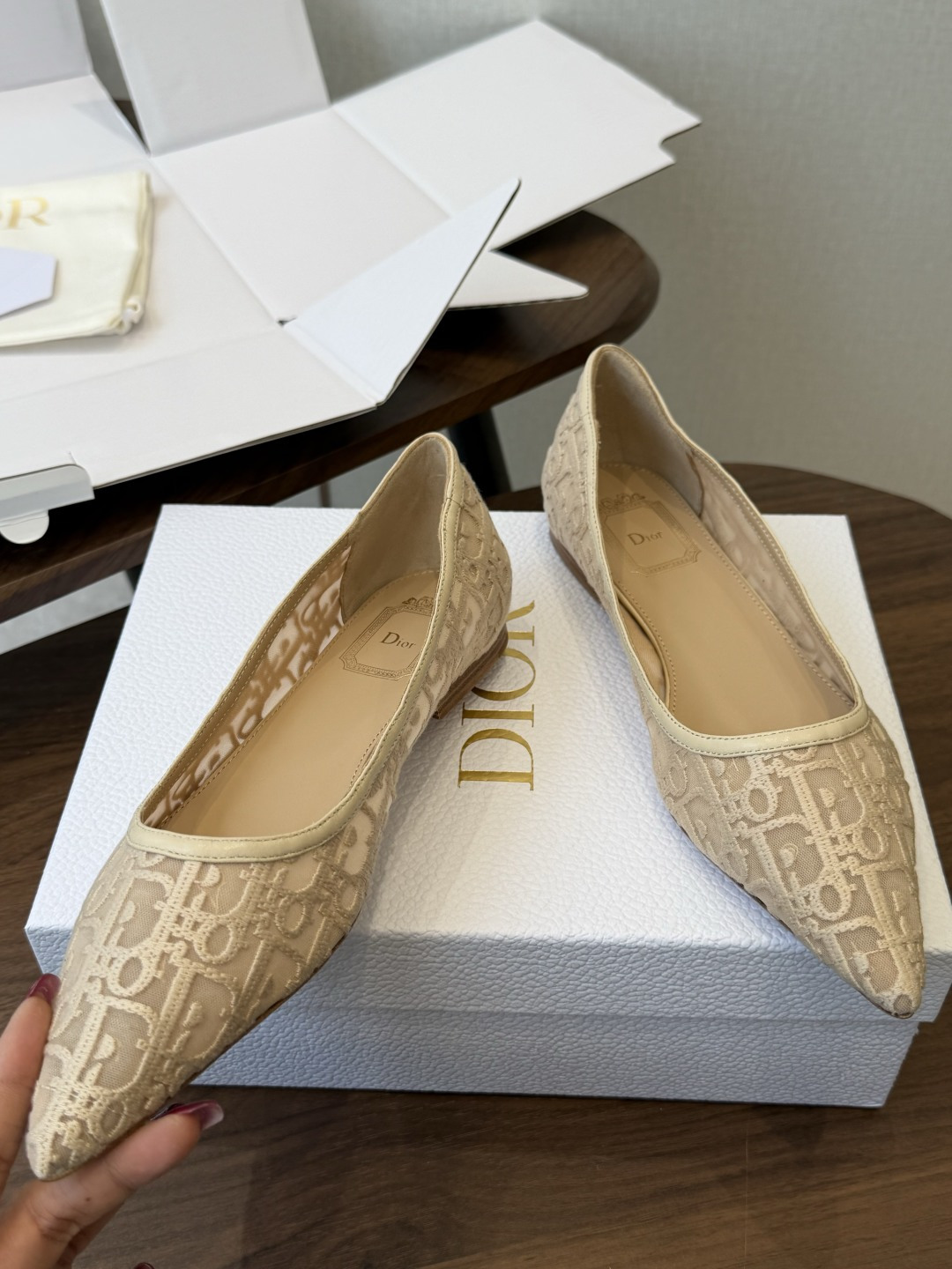 Dior26ss早春新款尖头细跟高跟鞋 将经典尖头高跟鞋的优雅轮廓与后空设计，蕾丝优雅，神秘的精致感，又通过后空和绑带增