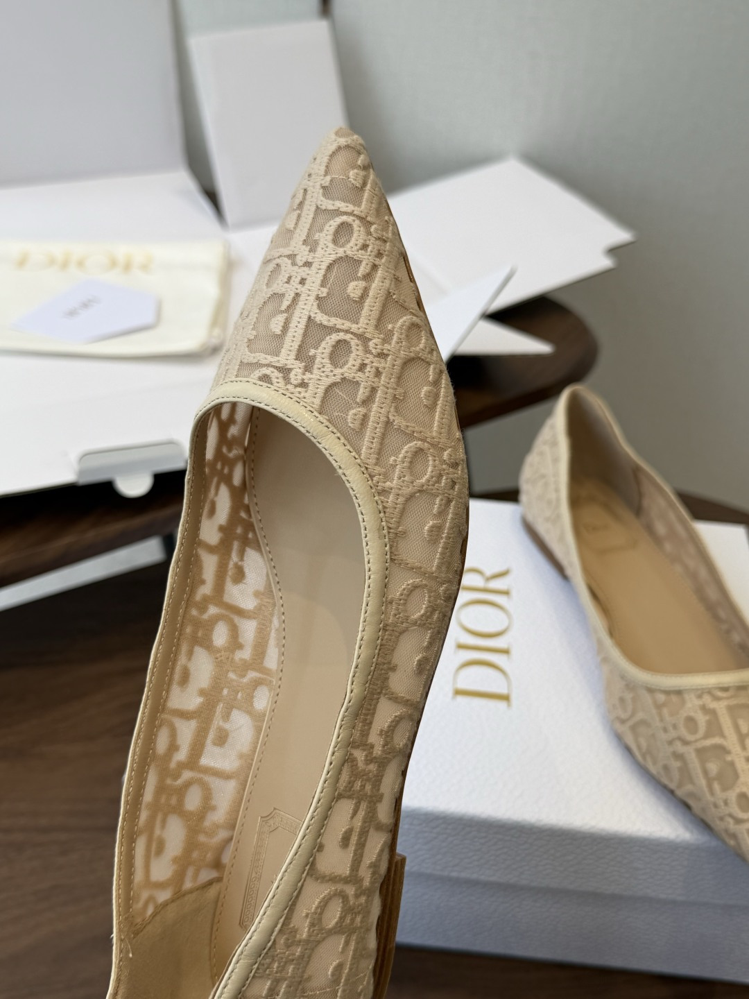 Dior26ss早春新款尖头细跟高跟鞋 将经典尖头高跟鞋的优雅轮廓与后空设计，蕾丝优雅，神秘的精致感，又通过后空和绑带增