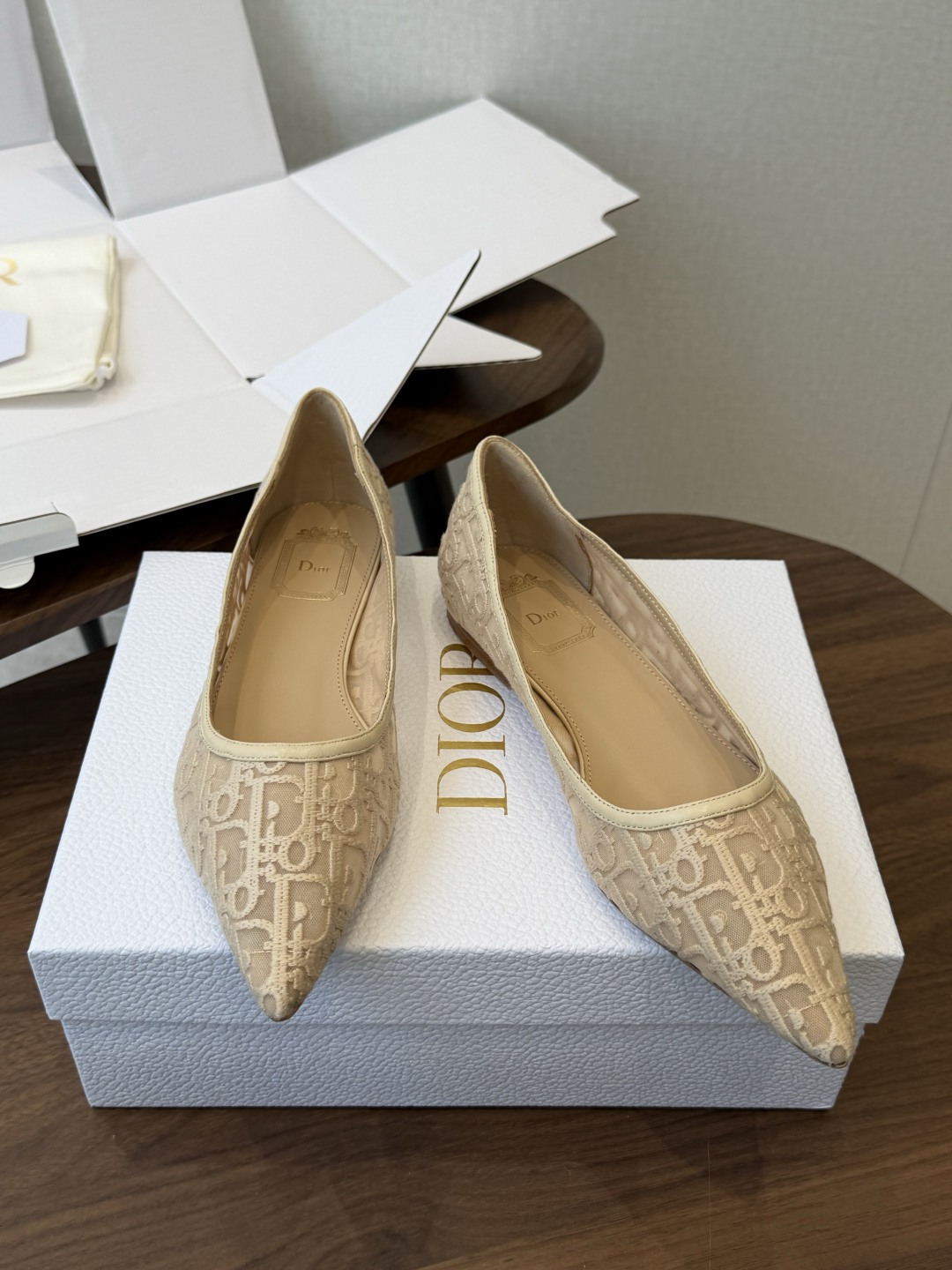 Dior26ss早春新款尖头细跟高跟鞋 将经典尖头高跟鞋的优雅轮廓与后空设计，蕾丝优雅，神秘的精致感，又通过后空和绑带增