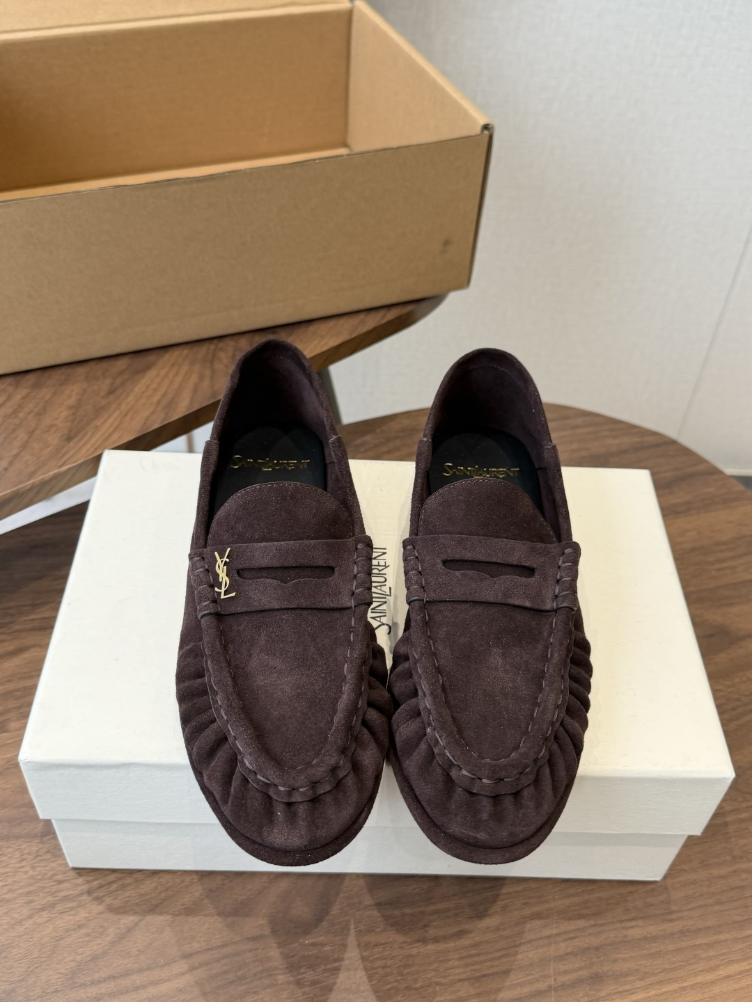 Saint Laurent Dark Brown Logo Loafers