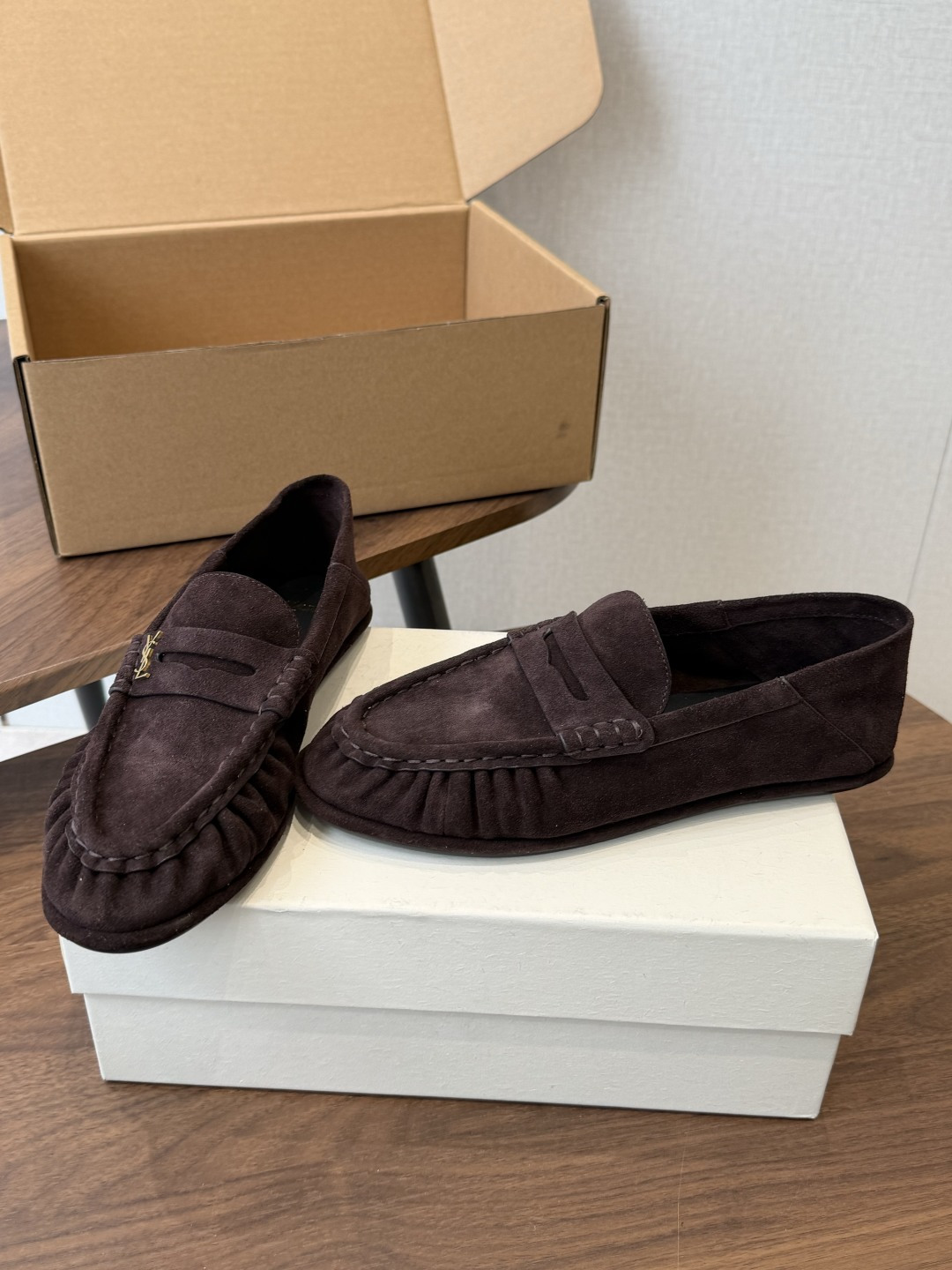 Saint Laurent Dark Brown Logo Loafers