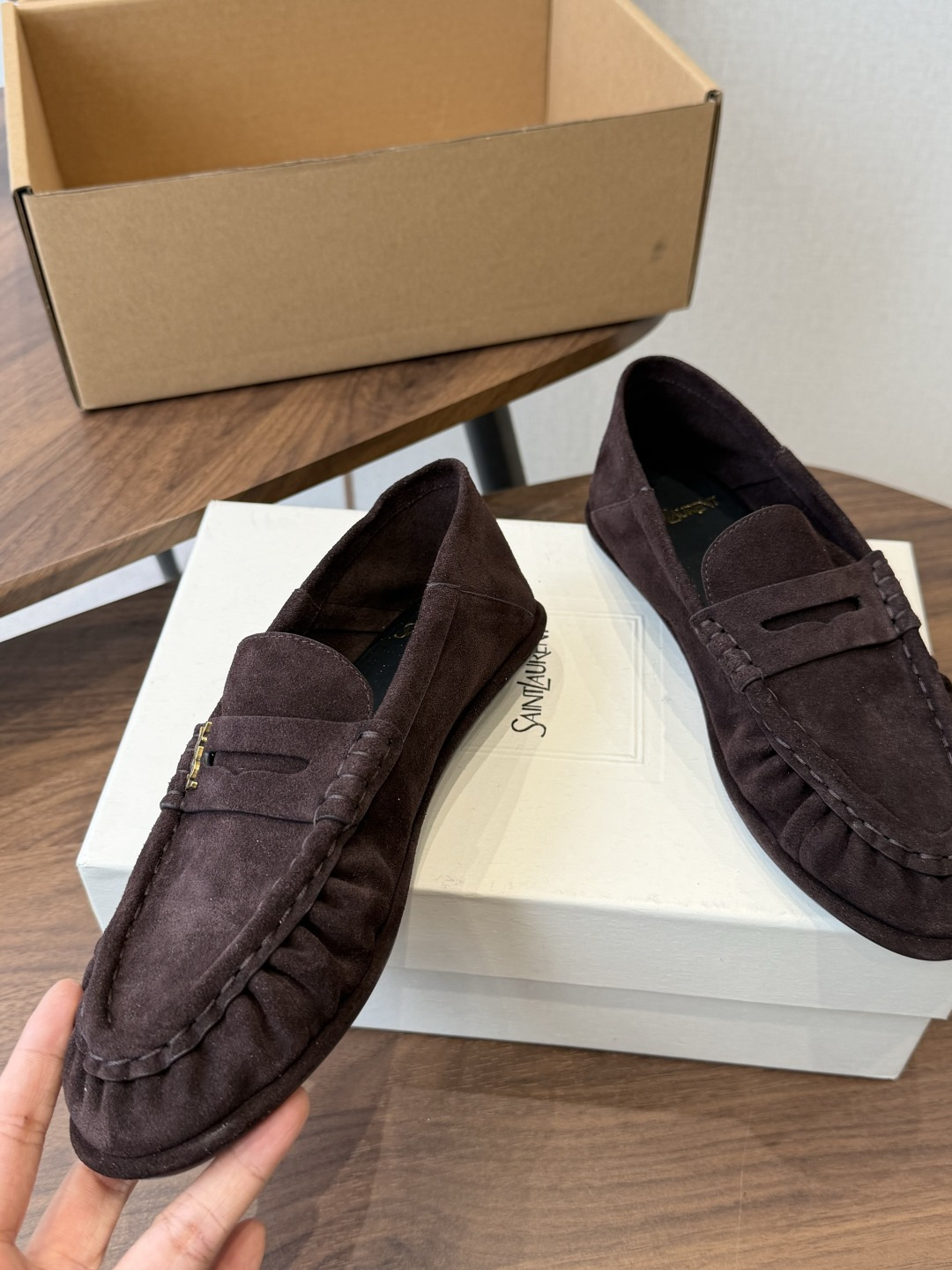 Saint Laurent Dark Brown Logo Loafers