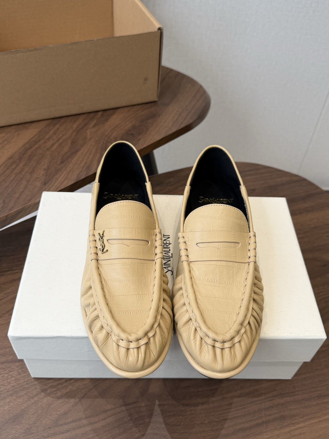 Saint Laurent Beige Logo Chunky Loafers