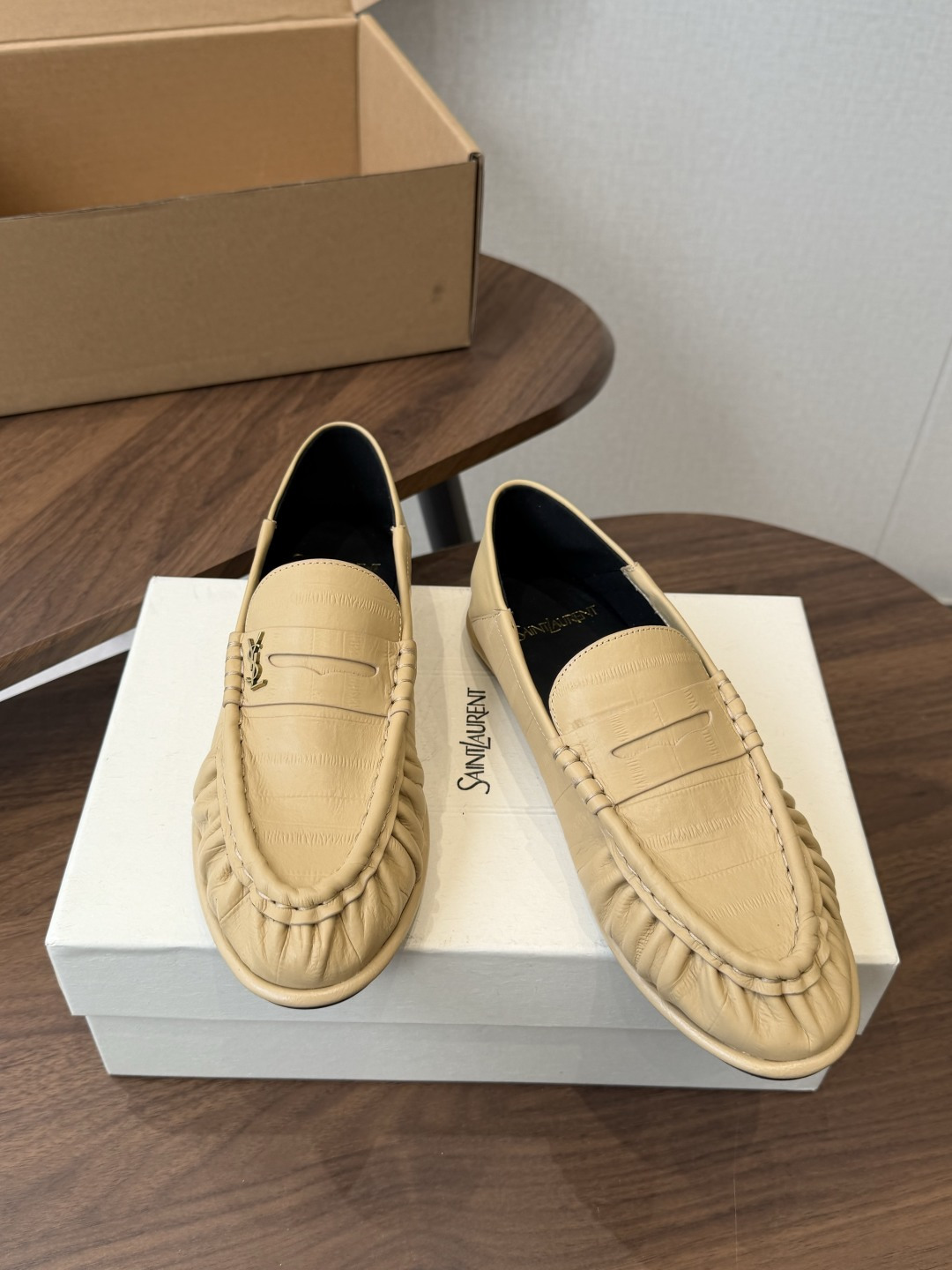 Saint Laurent Beige Logo Chunky Loafers