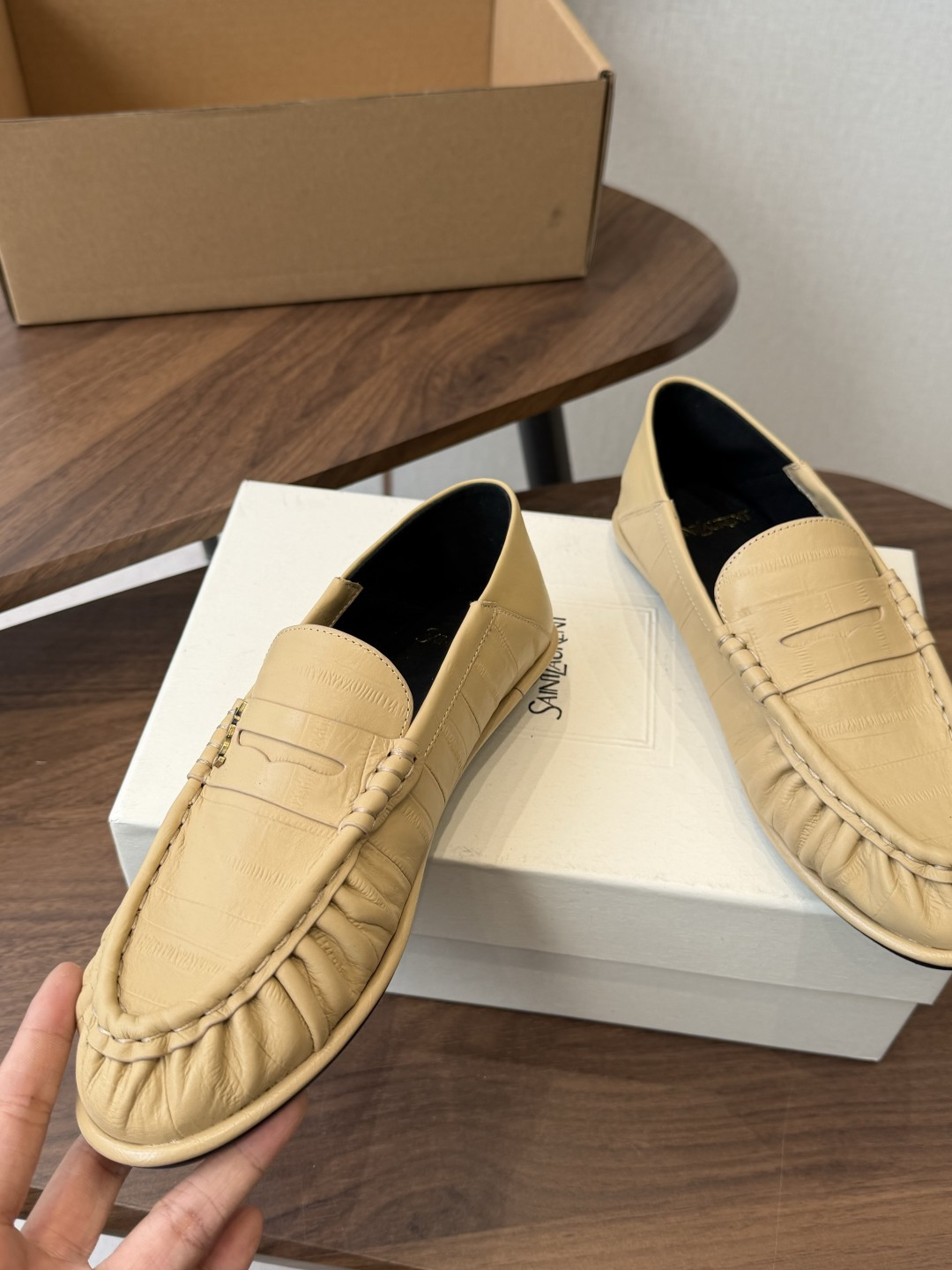 Saint Laurent Beige Logo Chunky Loafers