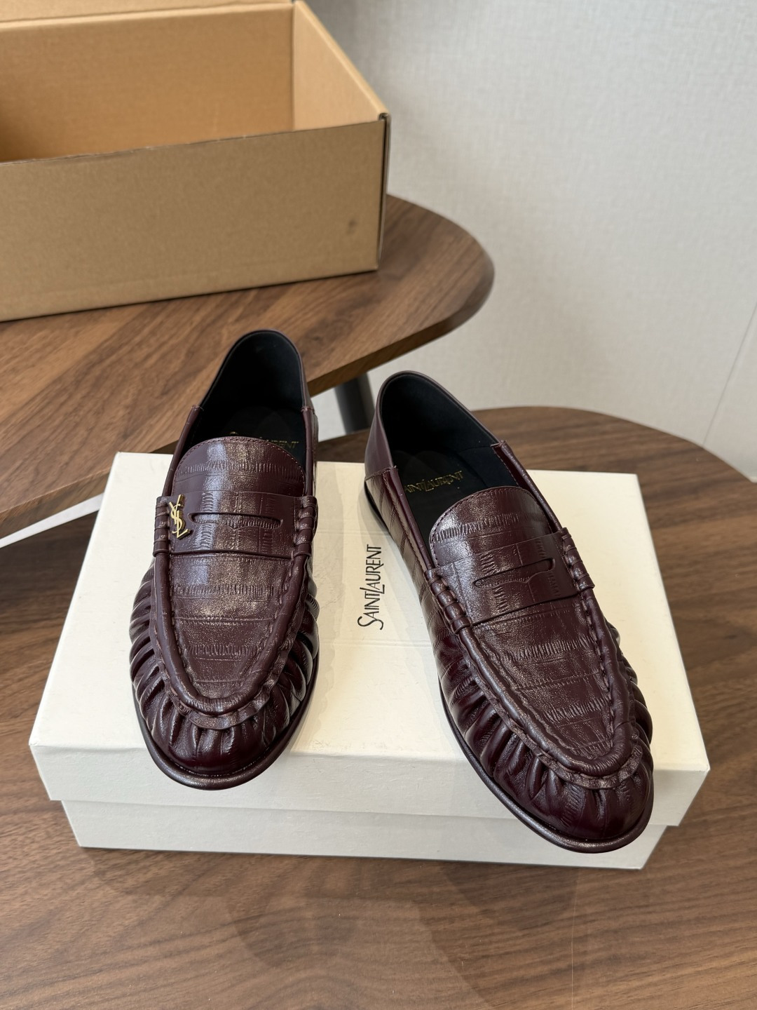 Saint Laurent Burgundy Croc-Effect Loafers