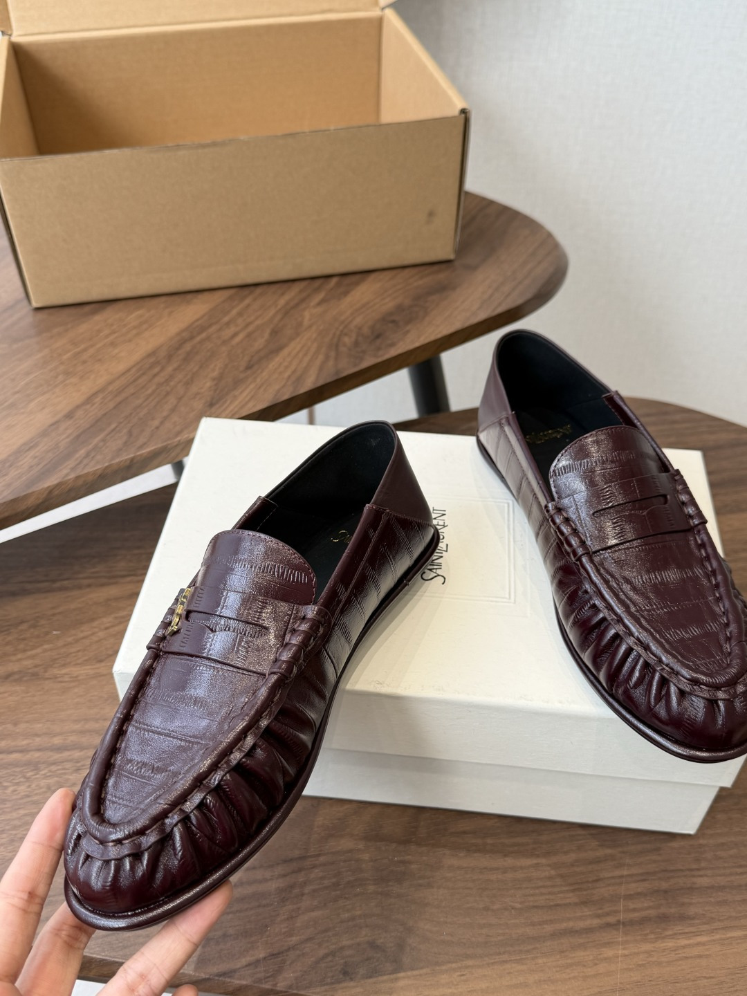 Saint Laurent Burgundy Croc-Effect Loafers