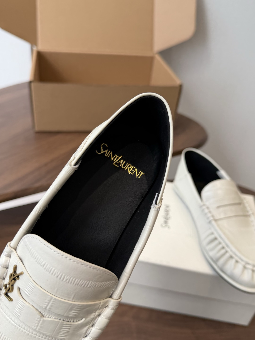 Saint Laurent White Croc-Effect Loafers