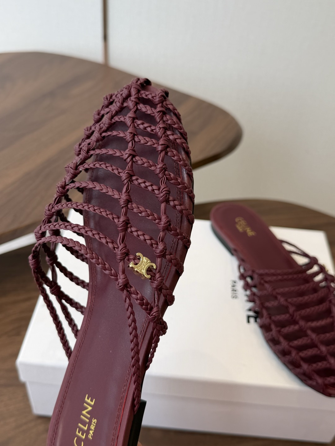 Celine Burgundy Woven Pointed-Toe Mules