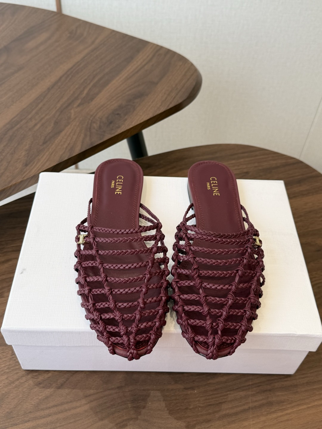Celine Burgundy Woven Pointed-Toe Mules