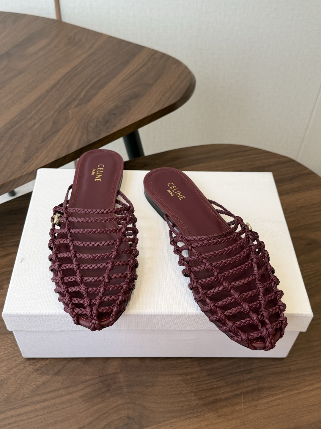 Celine Burgundy Woven Pointed-Toe Mules