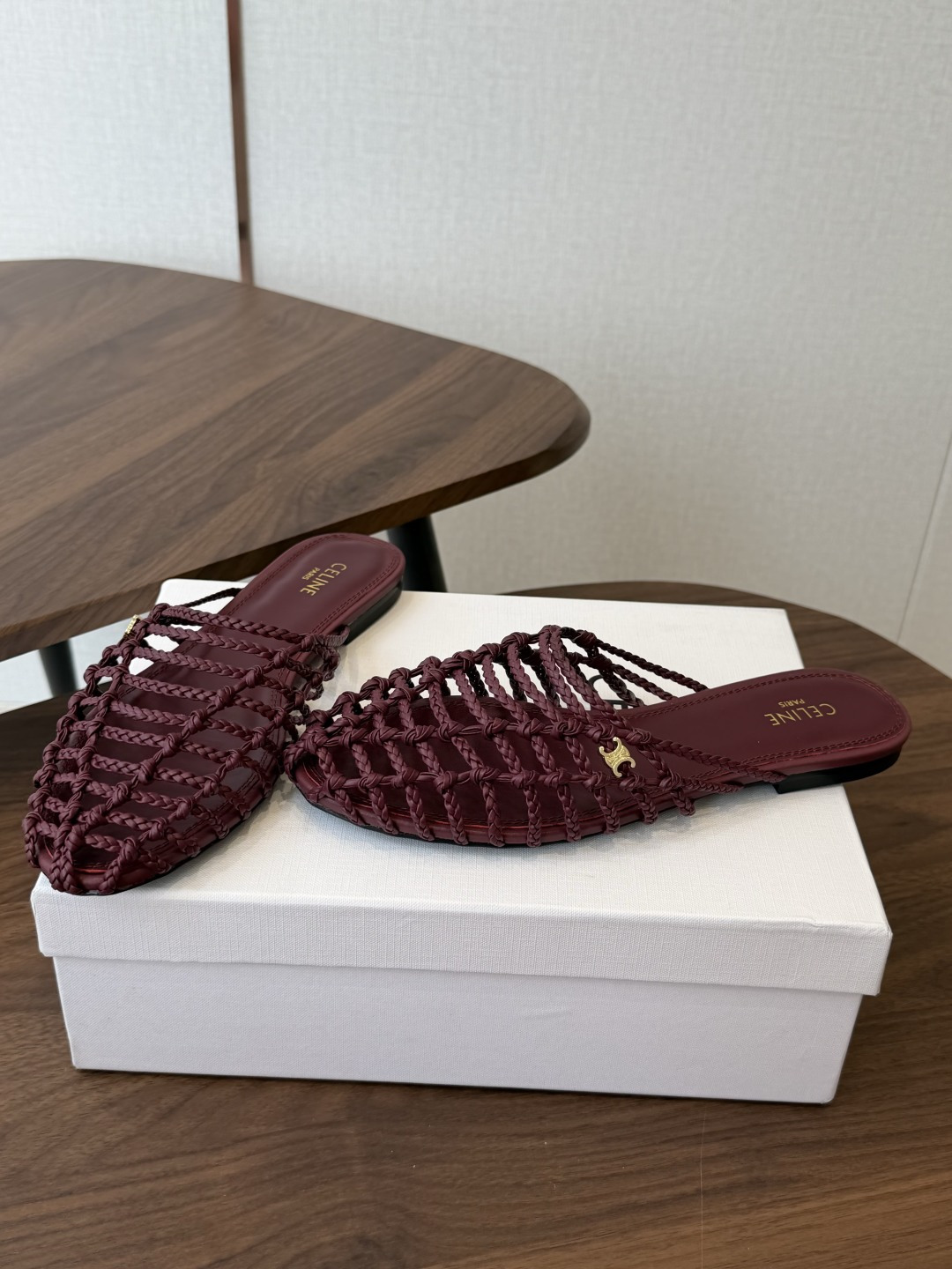 Celine Burgundy Woven Pointed-Toe Mules