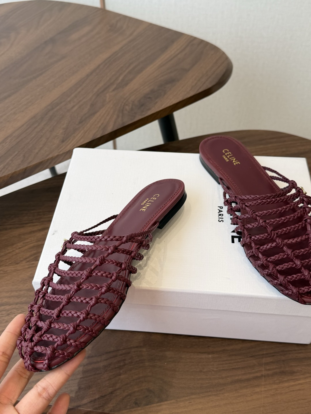 Celine Burgundy Woven Pointed-Toe Mules
