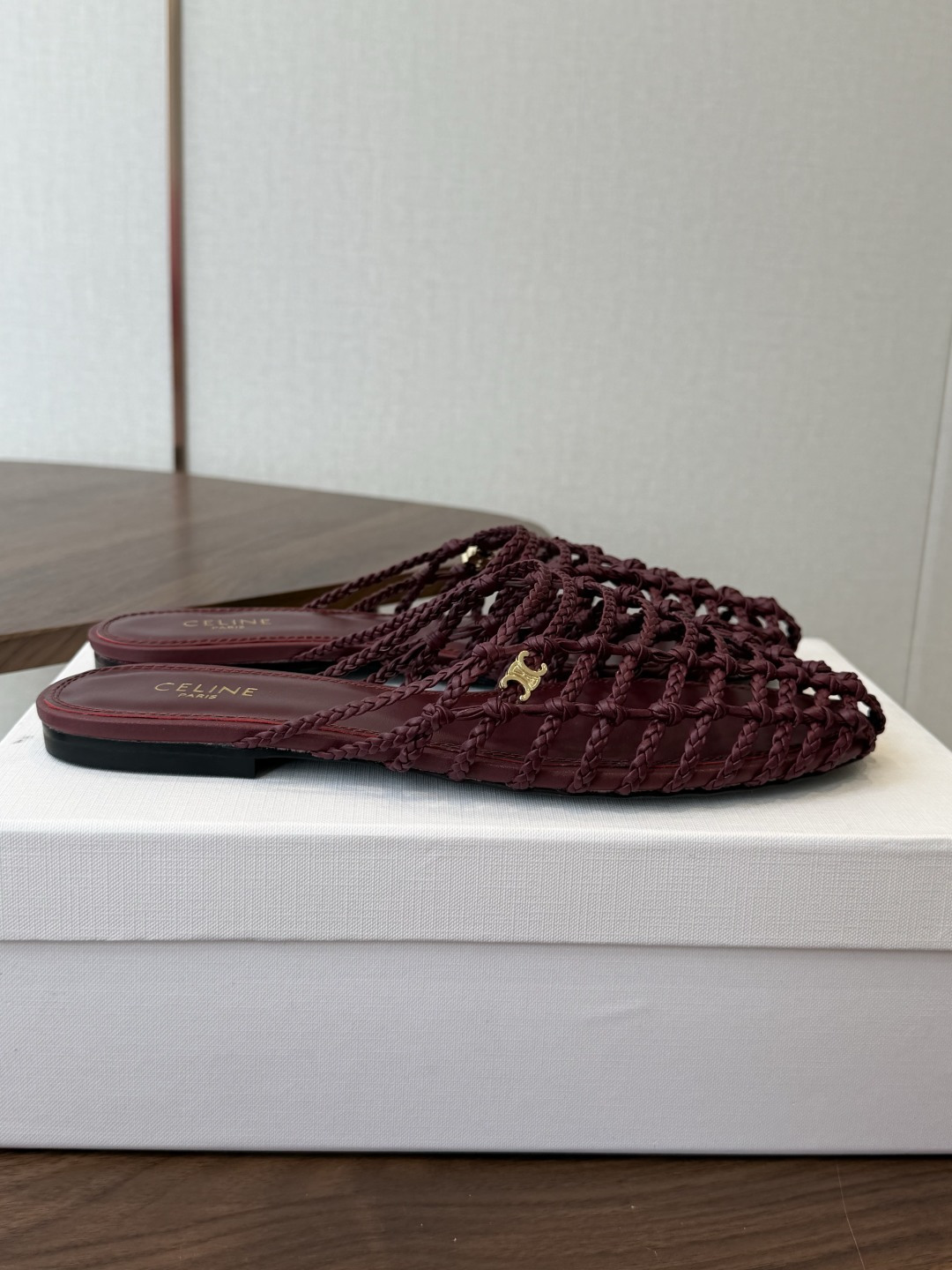Celine Burgundy Woven Pointed-Toe Mules