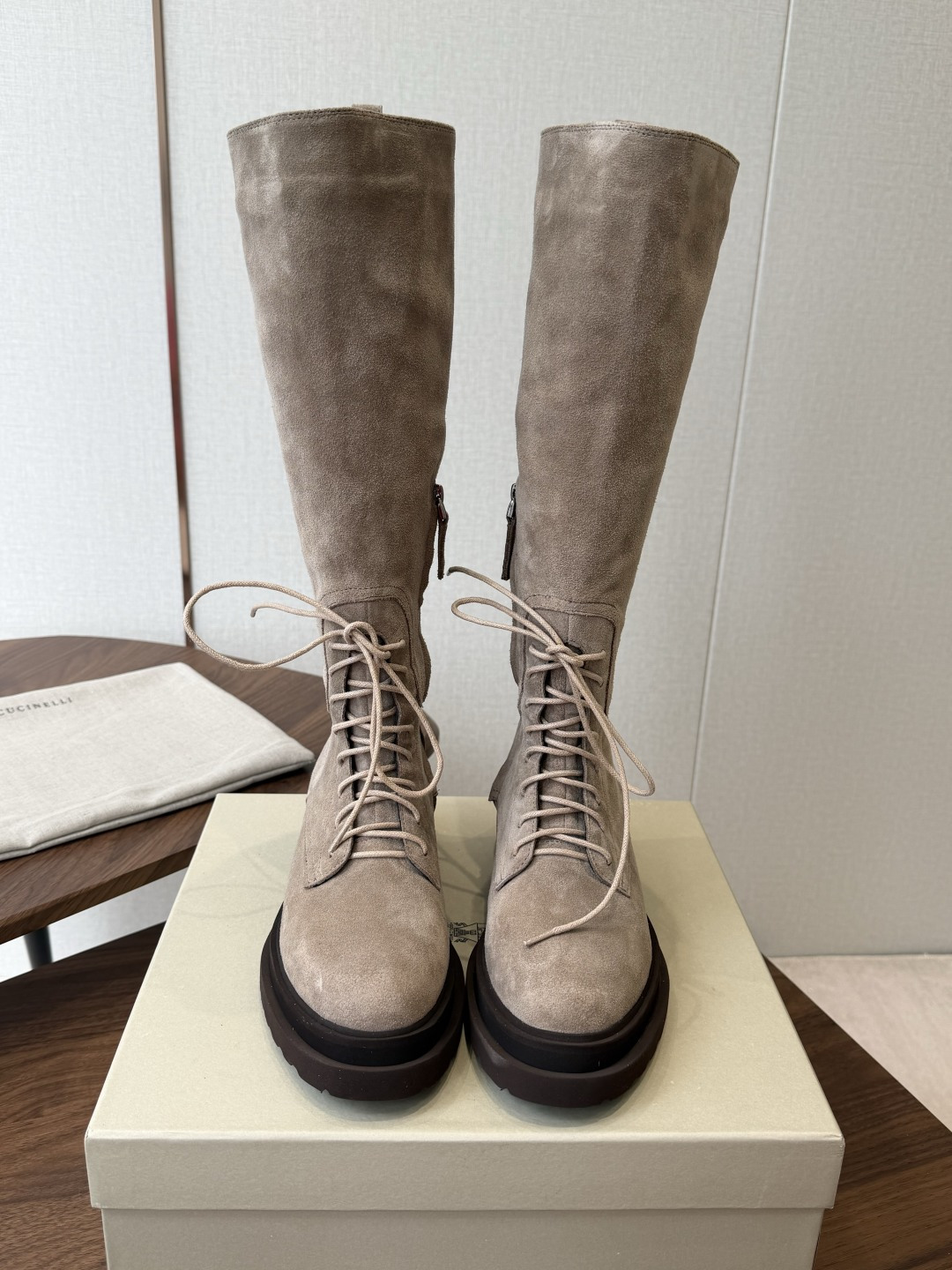 Taupe Lace-Up Tall Boots