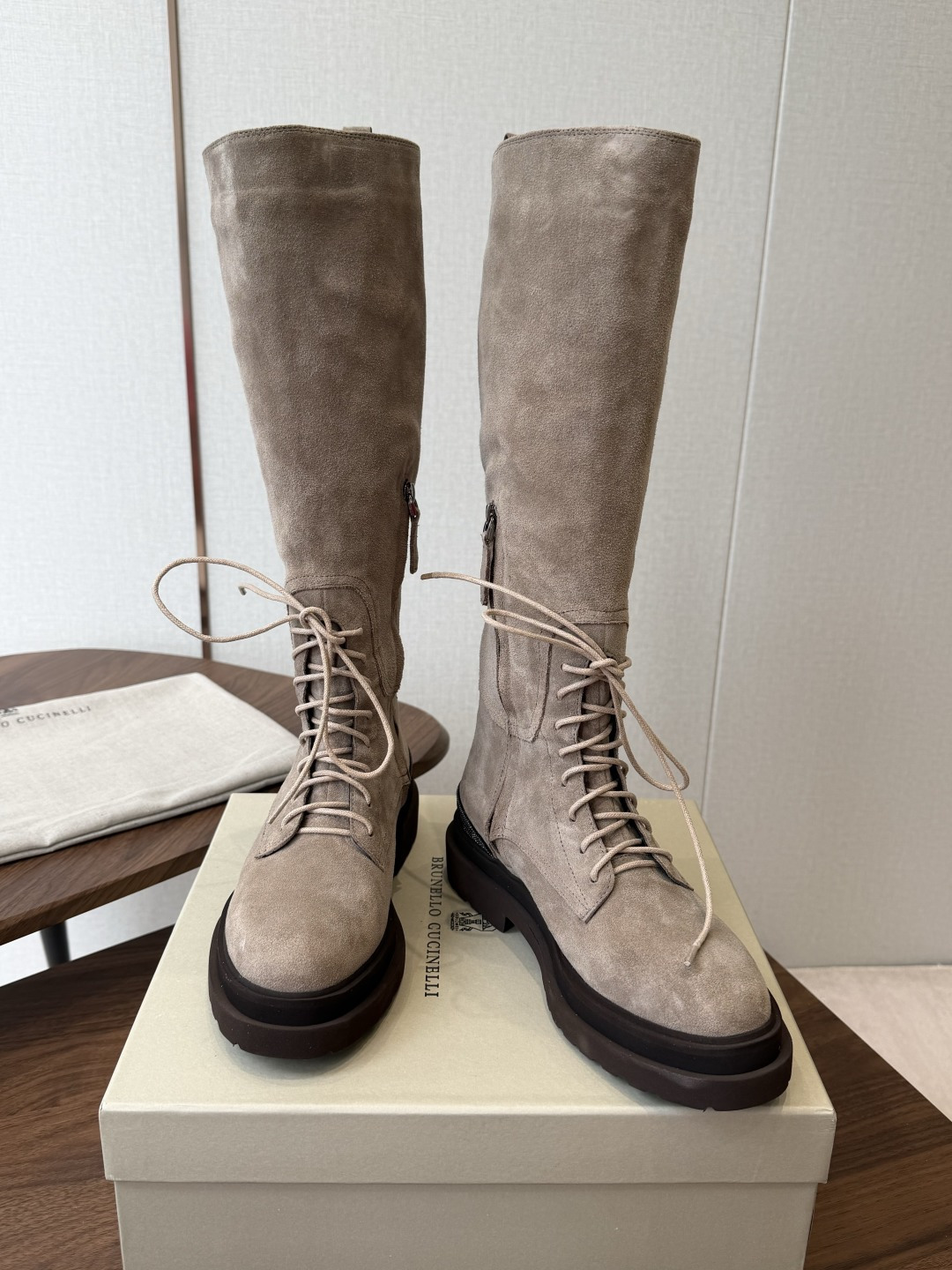 Taupe Lace-Up Tall Boots