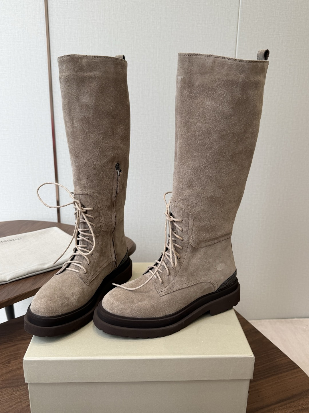 Taupe Lace-Up Tall Boots