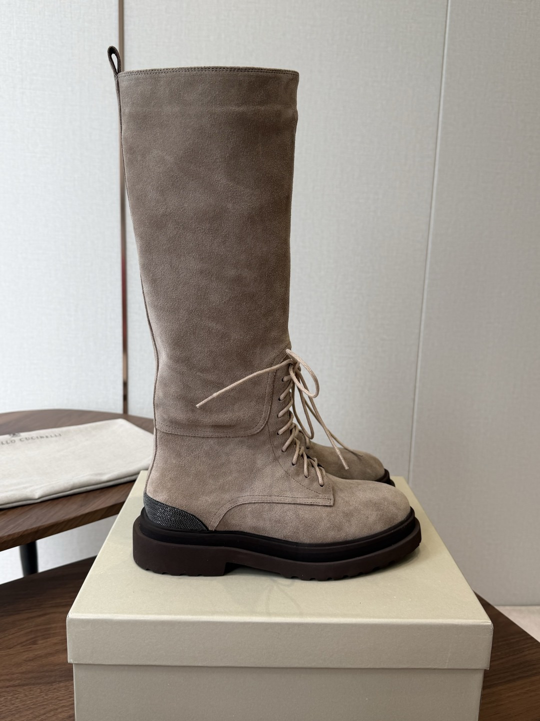 Taupe Lace-Up Tall Boots