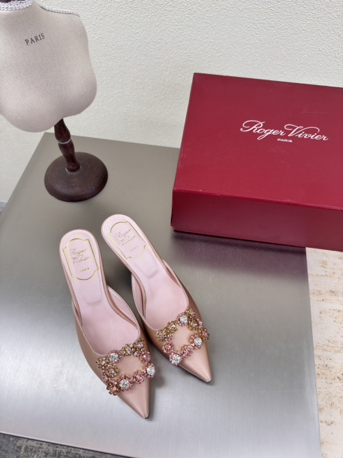 Roger Vivier Pink Silk Pointed Toe Mules with Crystal Buckle Embellishment 1 Roger Vivier Pink Silk Pointed Toe Mules with Crystal Buckle Embellishment