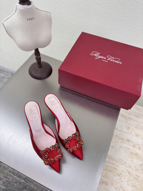 Roger Vivier Red Silk Crystal Buckle Pointed Toe Mules Slides Sandals 1 Roger Vivier Red Silk Crystal Buckle Pointed Toe Mules Slides Sandals