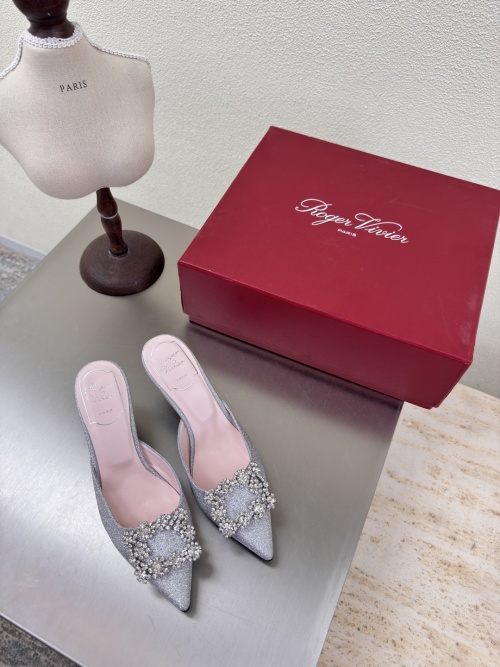 Roger Vivier Pointed Toe Mules with Crystal Buckle Silver Glitter 1 Roger Vivier Pointed Toe Mules with Crystal Buckle Silver Glitter