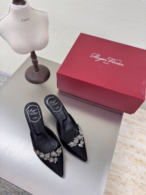 Roger Vivier Black Silk Pointed-Toe Mules with Floral Rhinestone Buckle 1 Roger Vivier Black Silk Pointed-Toe Mules with Floral Rhinestone Buckle