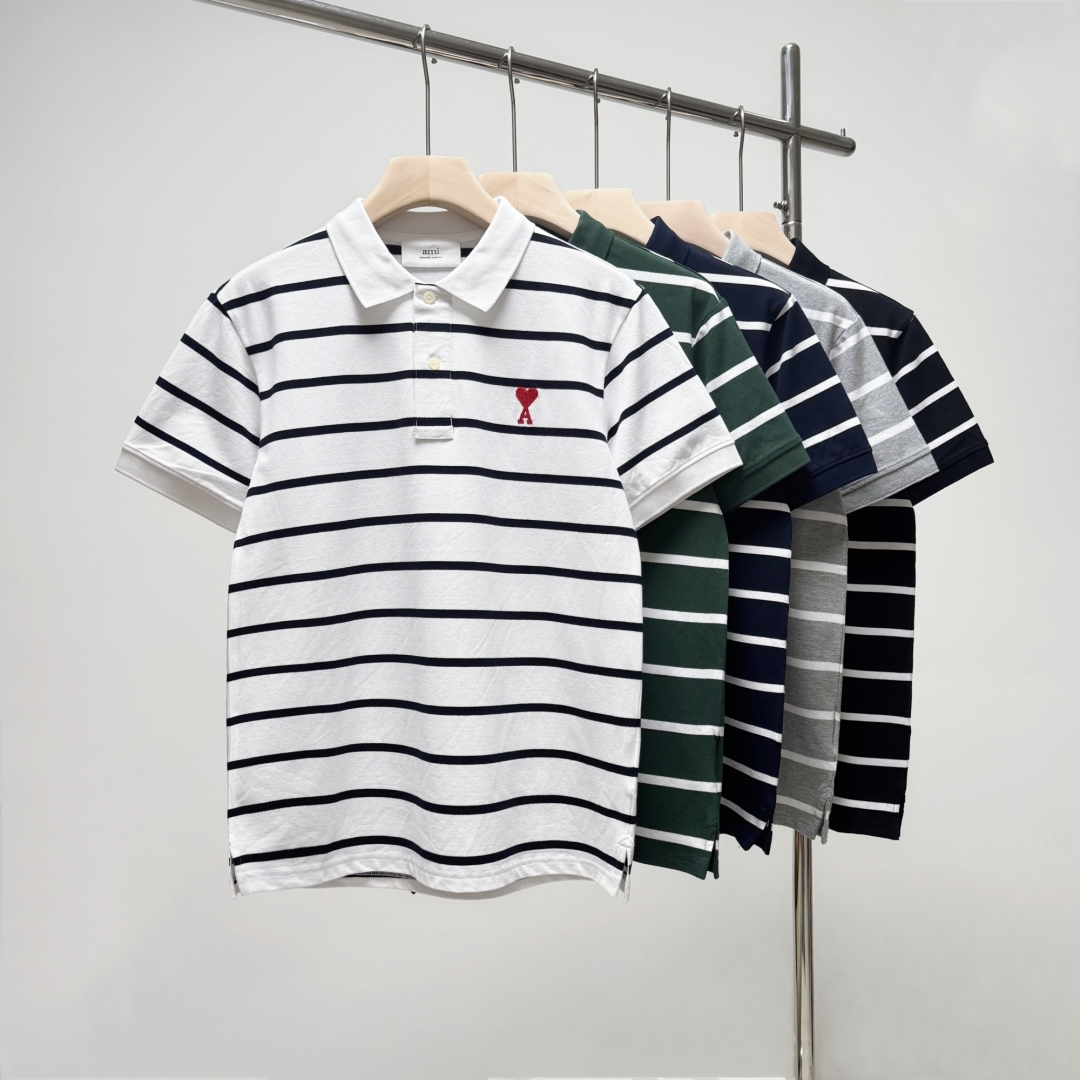 Summer Couple’s Leisure Wear: High-Quality Dress and Polo Shirt with Heart-Inflicted Stripes - 图片 1