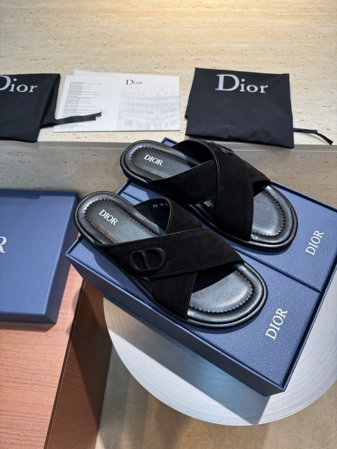 Dior Alias Men's Black Leather Cross Strap Sandals Slides Size 39-44
