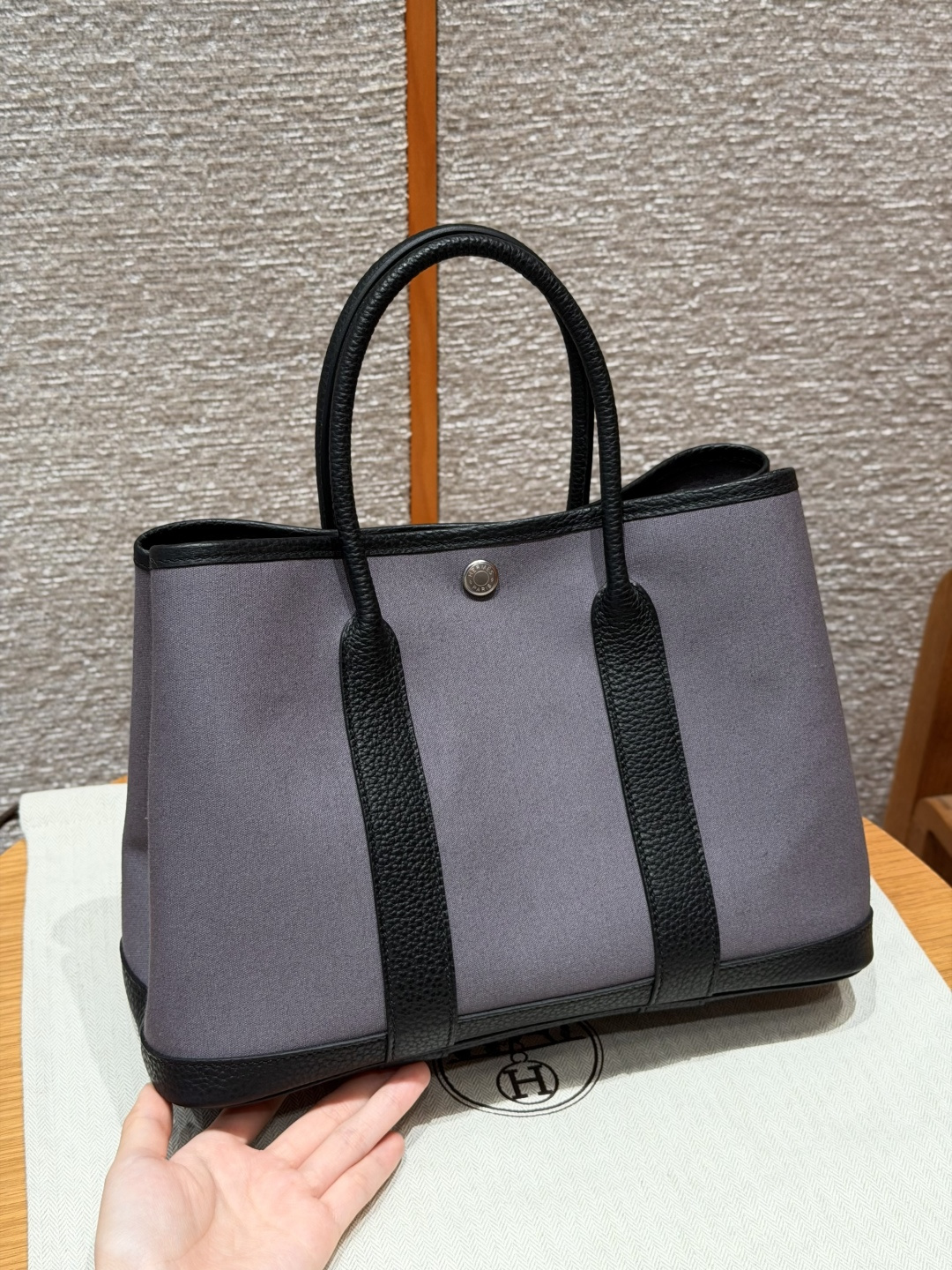 Garden Bag Canvas with Leather Trim Hand and Shoulder Carry Saddle Stud Snap Button Zippered Interior Pocket