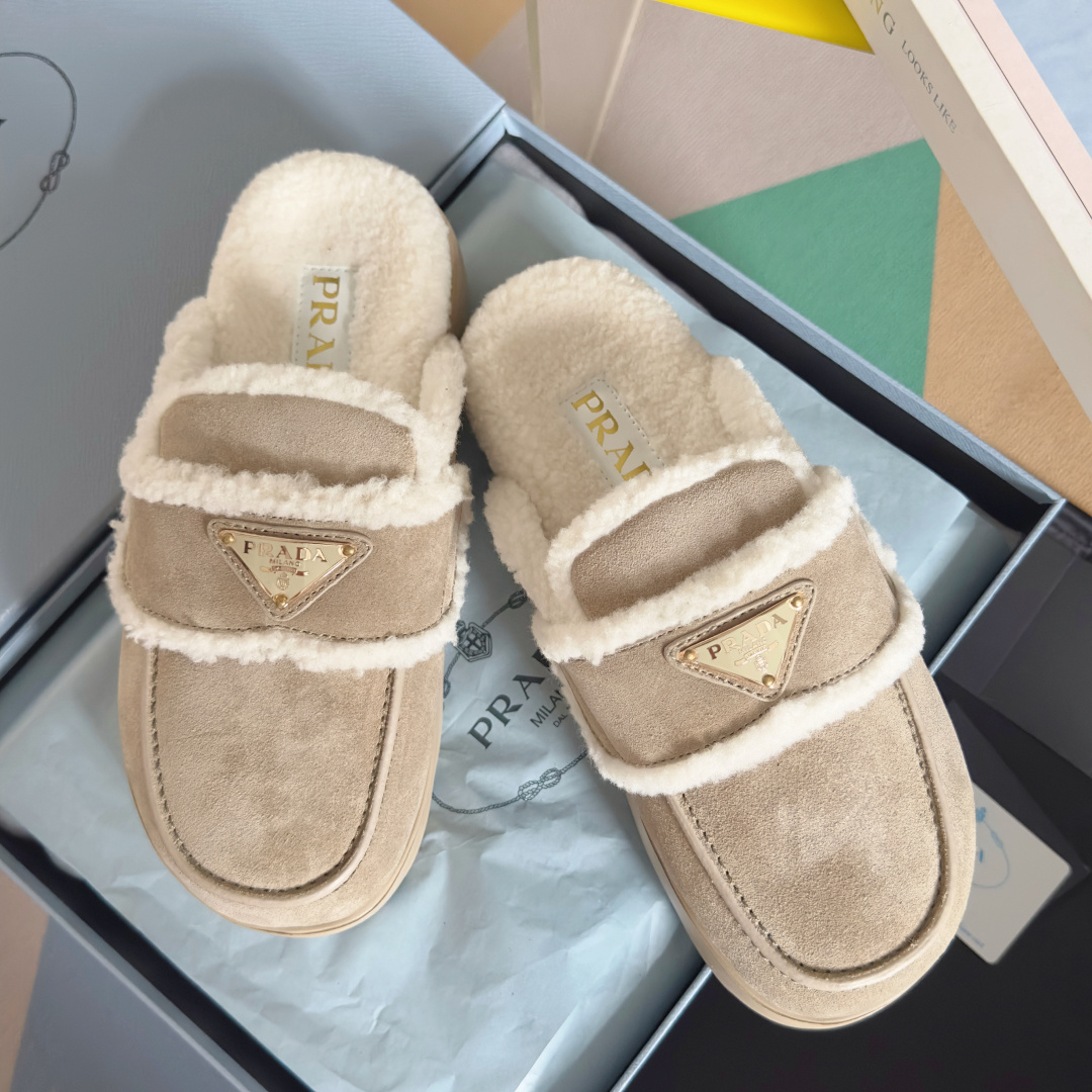 Prada Prada普拉达 厚底 保暖 羊毛 半拖鞋 乐福鞋