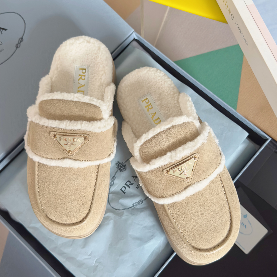 Prada Prada普拉达 厚底 保暖 羊毛 半拖鞋 乐福鞋