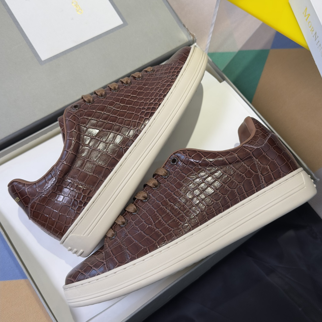 Brown Croc-Pattern Low-Top Sneakers