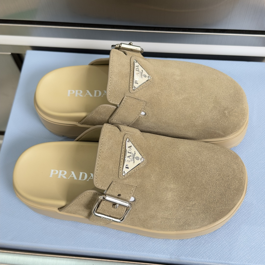 Prada Prada普拉达 P家 珐琅 三角标 厚底 勃肯鞋 穆勒鞋 包头拖鞋