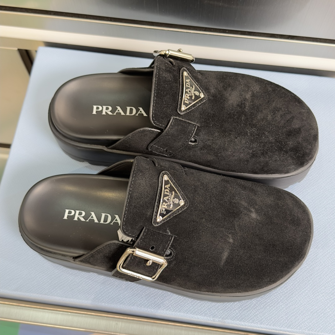 Prada Prada普拉达 P家 珐琅 三角标 厚底 勃肯鞋 穆勒鞋 包头拖鞋