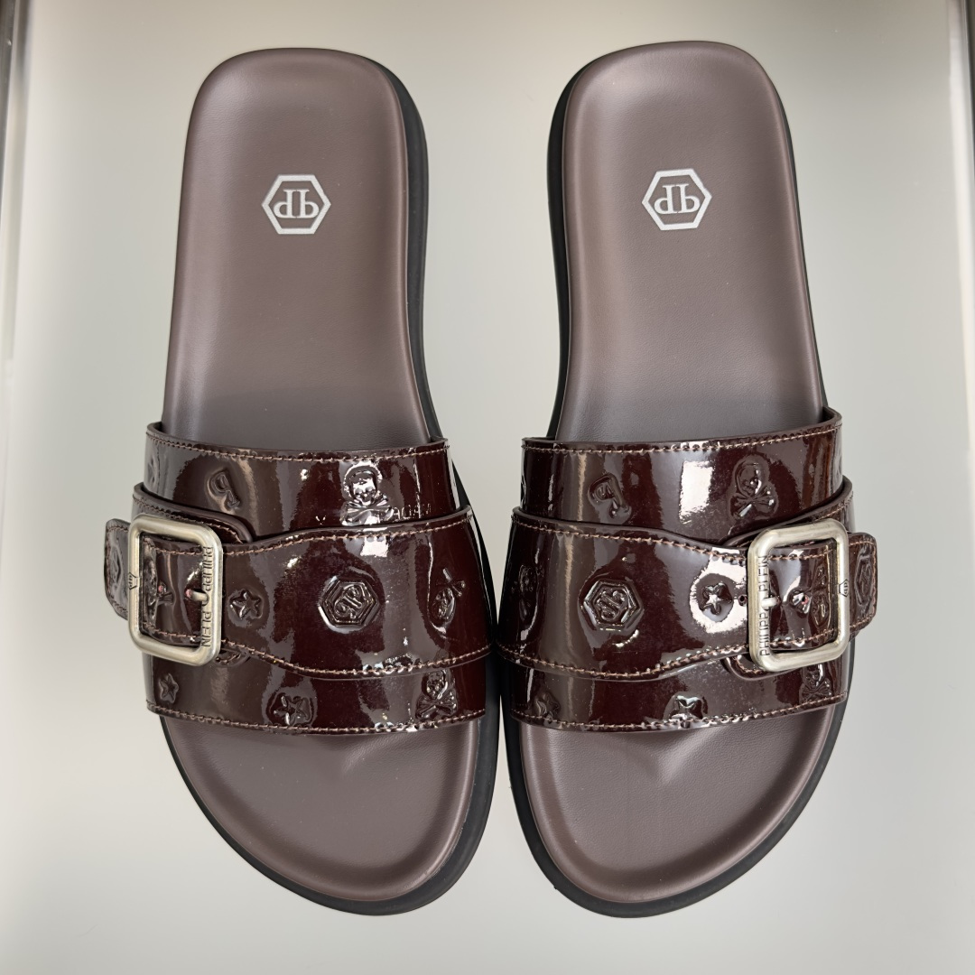 顶级版本：男款Philipp Plein 德国 轻奢 骷髅头 厚底 一字 交叉凉鞋 拖鞋Philipp 